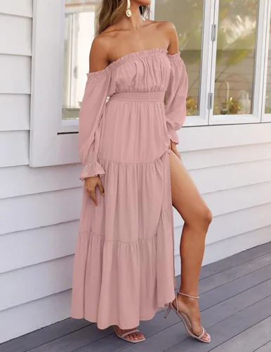 Miniatura 54 de ZESICA - Vestido largo, bohemio y sexy, con hombros descubiertos y manga larga fruncida, con elástico fruncido, cintura alta y abertura lateral