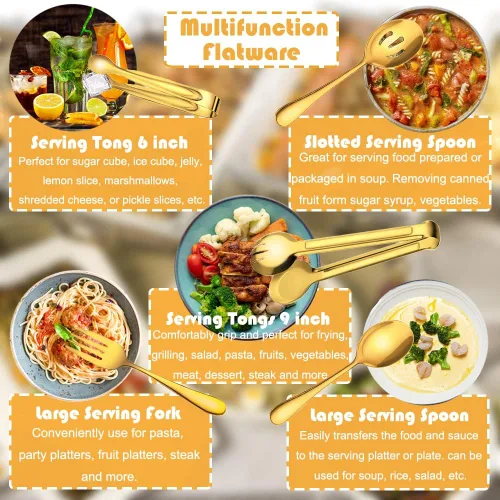 Miniatura 3 de 10 piezas de utensilios de servir de acero inoxidable, cucharas grandes para servir con ranuras, tenedores para servir, pinzas para servir, pinzas