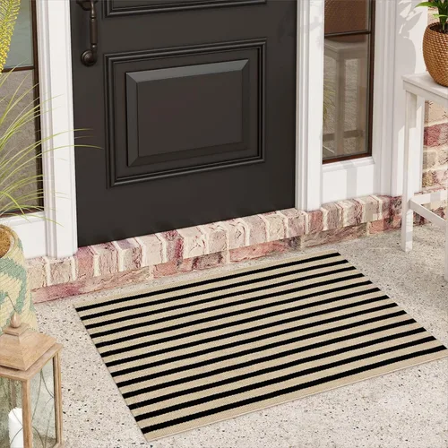 Miniatura 17 de Alfombra de lana cuadriculada para exteriores de 24 x 35 pulgadas, alfombra de algodón tejida a mano, plegable, lavable, reversible, en capas