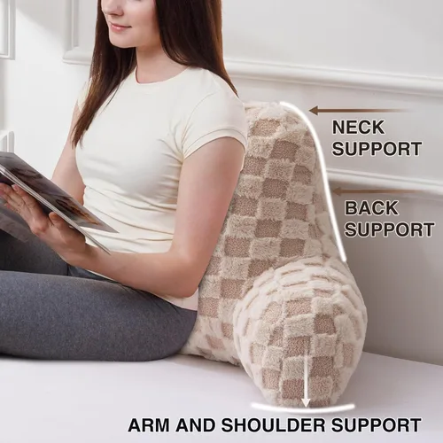 Miniatura 3 de A Nice Night Almohada de lectura de piel sintética, cuadrícula esponjosa a cuadros, almohada de cuña grande para adultos y niños, respaldo con Beige