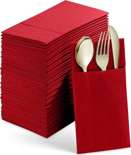 Paquete de 50 servilletas desechables de lino con bolsillo integrado para cubiertos, tela preplegada roja como servilletas de papel para Navidad,