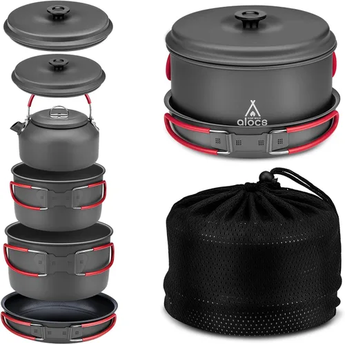 Alocs Camping Cookware Set Camping Gear, Compact Camping Pots and Pans Set, Durable Hard Alumina Camping Cooking Set for Outdoor Backpacking Camping