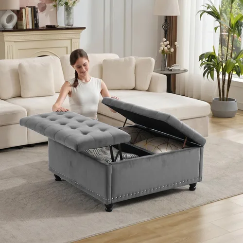 Miniatura 11 de Tbfit Banco otomano de almacenamiento cuadrado grande, mesa de centro otomana tapizada con tapa de elevación y patas de madera maciza, caja de Marrón