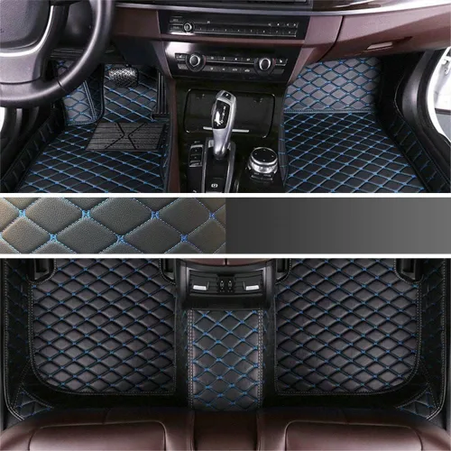 Alfombrillas de cuero de lujo para el 99 % de los automóviles, SUV y camiones de acuerdo con el modelo automotriz (tapete negro línea azul)