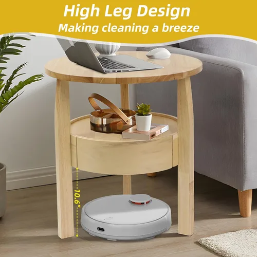 Miniatura 5 de Mesa auxiliar redonda con almacenamiento y cajón oculto, mesa auxiliar de madera natural de 20 pulgadas de profundidad x 20 pulgadas de alto