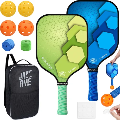 JoncAye Pickleball Paddles Set of 4 or 2, USAPA Approved Fiberglass Rackets with Outdoor Indoor Balls, Bag, Overgrip, Lightweight for Family, Verde