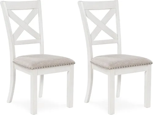 Signature Design by Ashley Robbinsdale - Silla de comedor tapizada casual de madera maciza con ribete de cabeza de clavo, juego de 2, blanco y gris