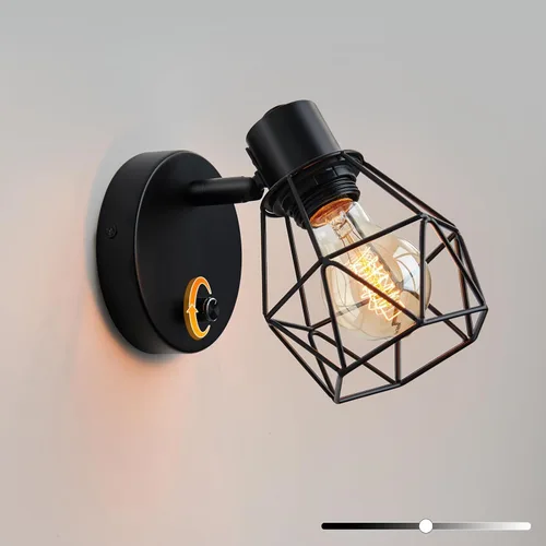 Lightess Aplique de pared negro con interruptor de atenuación y apagado, lámpara de pared vintage con cabezal ajustable, lámpara de pared industrial