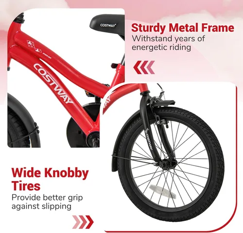 Miniatura 5 de COSTWAY Bicicleta para niños de 12/14/16/18 pulgadas, bicicleta para niños pequeños con ruedas de entrenamiento, asiento y manubrio ajustables, Rojo