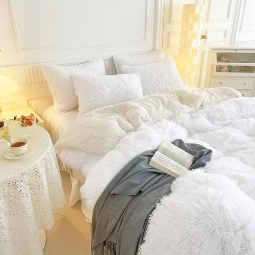 Miniatura 3 de UOZZI BEDDING Juego de edredón blanco de piel sintética tamaño Queen de 3 piezas, 1 juego de edredón blanco lanudo y 2 fundas de almohada, ultra