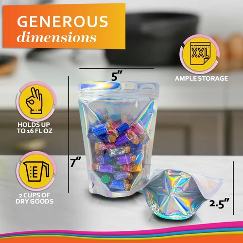 Miniatura 7 de 100 bolsas de Mylar iridiscentes resellables - Bolsas sellables con cierre hermético de 5 x 7 pulgadas, bolsas de pie sellables con cierre térmico