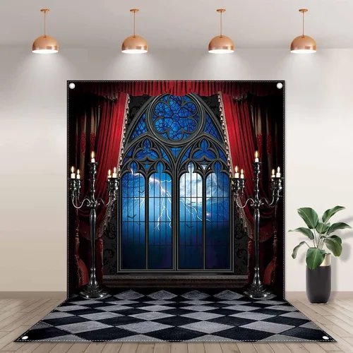 Miniatura 2 de Telón de fondo gótico de castillo medieval de vampiro de 5 x 7 pies, ventana de Halloween, luna, murciélagos, fotografía, fondo, decoración