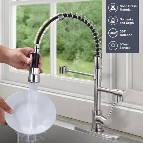 Miniatura 3 de WOWOW - Grifo de cocina de latón con rociador extraíble, grifo de cocina de resorte comercial de arco alto para fregaderos de 1 o 3 agujeros, grifo
