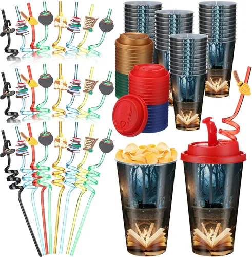 Miniatura 13 de Yungyan 16 juegos de tazas de golosinas con tapas y pajitas para decoraciones de cumpleaños, reutilizables, 16 onzas, vasos de plástico para dulces