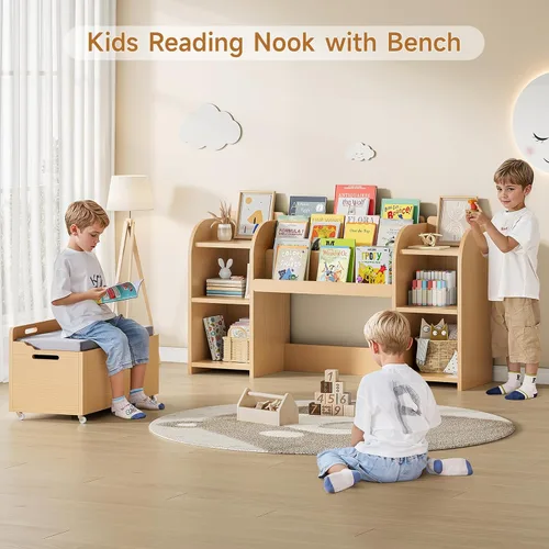 Miniatura 3 de ONBRILL Estantería para niños con rincón de lectura, organizador de almacenamiento de juguetes de 55.2 pulgadas, 6 cubos de almacenamiento