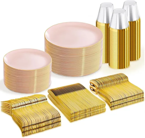 Miniatura 20 de WDF - 150 piezas de platos de plástico negros - Platos desechables negros y dorados - Juegos de vajilla desechables para 25 invitados
