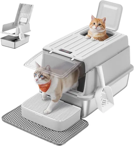 Miniatura 11 de Feandrea Caja de arena para gatos de acero inoxidable con tapa abatible, alfombrilla y caja, 2 puertas, cuchara, para gatos de hasta 33 libras, gris