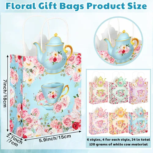 Miniatura 2 de Lincia Paquete de 24 bolsas de regalo de fiesta de té, decoraciones de tazas de té, bolsas florales para golosinas con asas y diseño de tetera
