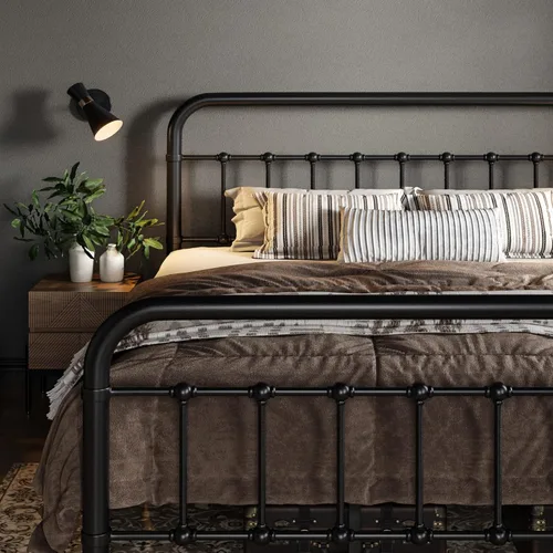 Miniatura 9 de Allewie Marco de Cama de Plataforma de Metal Tamaño King con Cabecero/Pie de Cama de Arte de Hierro Forjado Estilo Victoriano, No Requiere Somier