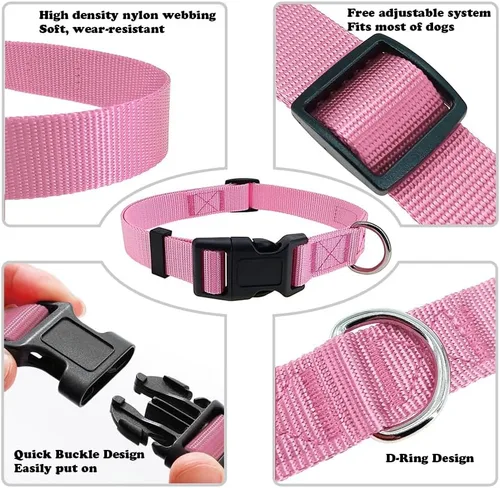 Miniatura 3 de Collar de perro rosa básico ajustable para cachorros, perros pequeños, medianos y grandes, con collar de nailon transpirable de liberación rápida