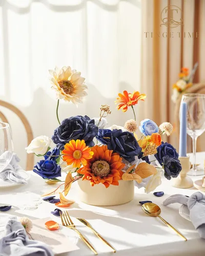 Miniatura 4 de TINGE TIME - Juego de flores artificiales color naranja quemado y azul marino para manualidades, ramos de boda, centros de mesa, arreglos, fiestas