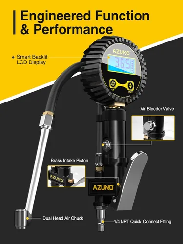 Miniatura 7 de AZUNO Inflador de neumáticos digital con manómetro, 200 PSI, accesorios de compresor de aire resistentes, con manguera de goma, bloqueo