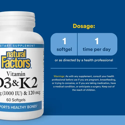 Miniatura 3 de Natural Factors, Vitamina D3 y K2 1000 UI y 120 mcg, apoya la salud ósea y vascular, 60 cápsulas blandas