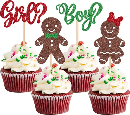 Miniatura 9 de 24 piezas de adornos para cupcakes de Navidad dorados verdes y rojos con purpurina, Papá Noel, árbol de Navidad, adornos para cupcakes para el tema