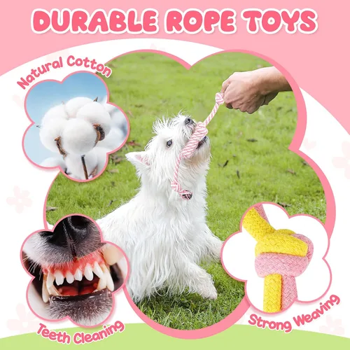 Miniatura 5 de Zeaxuie Paquete de 23 juguetes rosados para cachorros para dentición, juguetes para perros pequeños con lindos juguetes masticables para cachorros