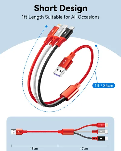 Miniatura 6 de Paquete de 2 cables de carga múltiple, 3 en 1, retráctil, cable de carga rápida, cargador USB C con Lightning/Micro/Tipo C para iPhone, iPad, Rojo