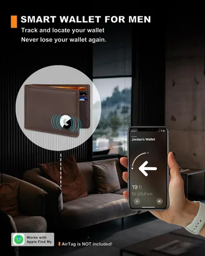 Miniatura 10 de Billetera AirTag para hombre, de piel auténtica plegable con bloqueo Rfid AirTag con ranuras para efectivo y ventana de identificación, compatible