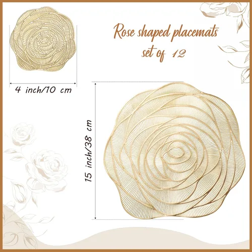 Miniatura 2 de Sieral Juego de 12 manteles individuales de vinilo prensado redondo de 15 pulgadas con diseño de rosa hueca, juego de manteles metálicos resistentes