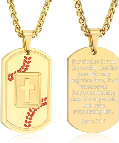 Miniatura 26 de Collar de cruz con versículo bíblico de béisbol, acero inoxidable, dije de cruz en tono negro/dorado/plateado, regalos religiosos, joyería deportiva