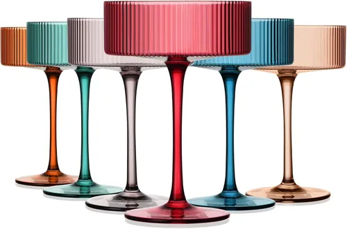 Chouggo Copas vintage de colores Art Deco, 9 onzas, de cristal acanalado soplado a mano, para martini y cóctel, perfectas para postres, Manhattan,
