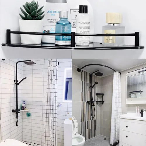 Miniatura 4 de Estante de baño de vidrio con riel inoxidable, estante de ducha esquinero de vidrio negro, organizador de ducha con agujero de taladro para montaje
