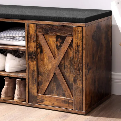 Miniatura 8 de VASAGLE Banco de zapatos, banco de almacenamiento con armario y 9 compartimentos abiertos, estante para zapatos, asiento acolchado, puerta