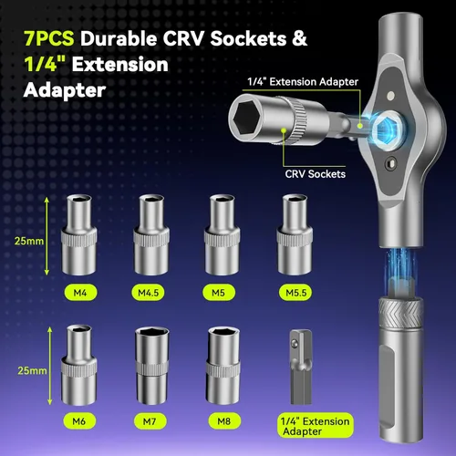 Miniatura 5 de 25 in 1 Magnetic Ratchet Screwdriver Set, S2 Steel Bits & 7 CR-V Sockets, Flexible Shaft, Magnetic Multi Bit Screwdriver Kit with Case for