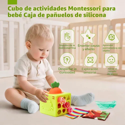 Miniatura 2 de hahaland Caja de pañuelos de silicona para bebé, juguetes Montessori de 6 a 12 meses, juguetes Montessori para bebés de 6 meses, cubo de actividades