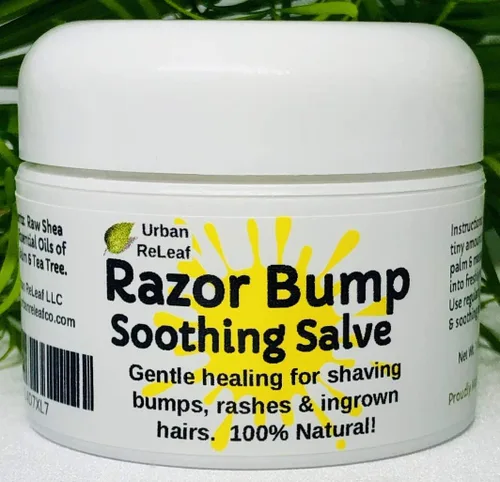 Urban ReLeaf Salva calmante RAZOR BUMP! 1 oz. Calma rápidamente golpes, erupciones, pelos encarnados y quemaduras de afeitar. 100% natural, vegano.