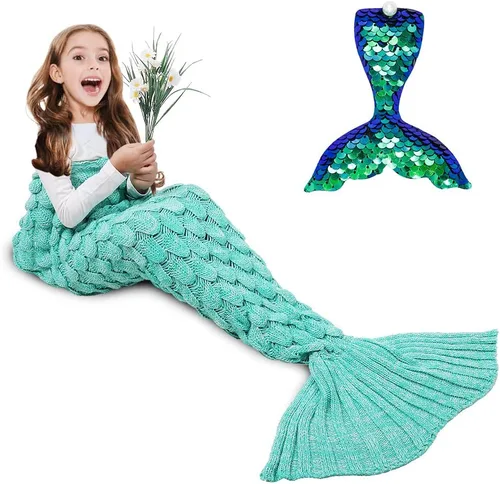 Miniatura 19 de AmyHomie Manta de cola de sirena, manta para niños, saco de dormir de sirena de ganchillo, regalo de sirena para niñas (azul claro, niños)