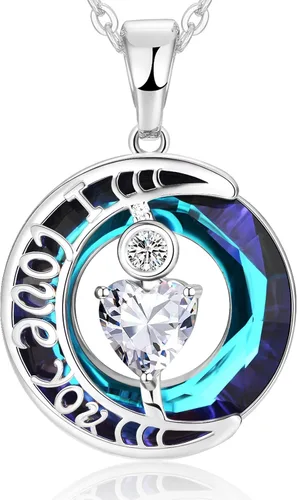 Collares de cristal para mujer, regalos para aniversario de esposa, regalos de cumpleaños para mujeres, collar de zafiro azul con la frase "I Love