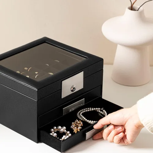 Miniatura 3 de Oyydecor Joyero con tapa de cristal, organizador de joyas de piel sintética de 3 niveles para mujer con 2 cajones, estuche de joyería de maquillaje