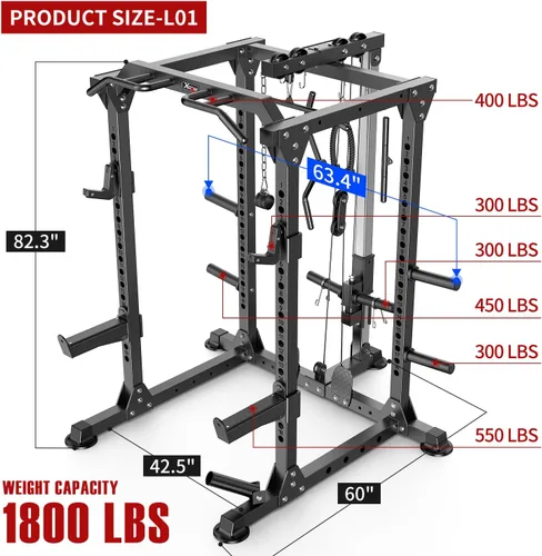 Miniatura 3 de Power Cage - Rack de Potencia Multifunción con Sistema de Cruce de Cables, Rack para Sentadillas de Capacidad de 1800 LBS con Banco de Pesas