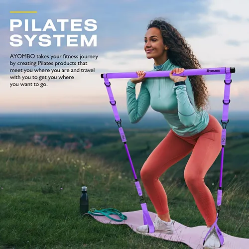 Miniatura 2 de Kit de barra de pilates Ayombo con bandas de resistencia, equipo de entrenamiento de pilates para piernas, cadera, cintura, brazo, equipo de Púrpura