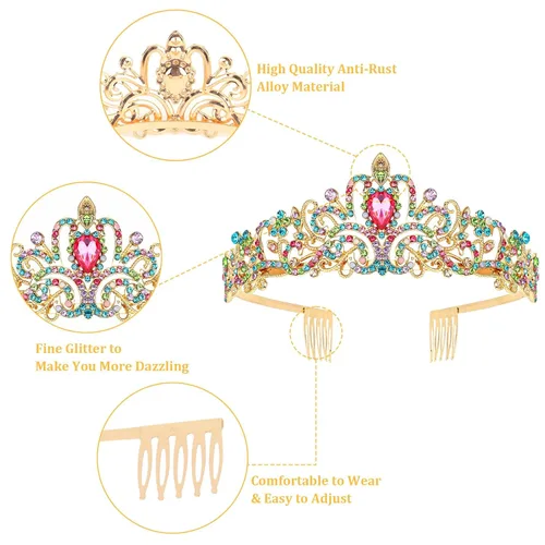 Miniatura 3 de Tiaras y coronas doradas para mujer, corona de cumpleaños clásica con peines, elegantes regalos de fiesta de graduación para mujeres