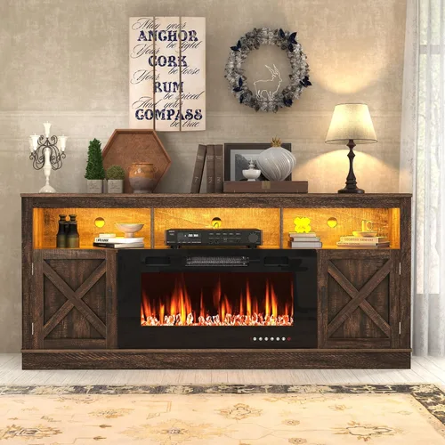 Miniatura 9 de jiteentarou Soporte de TV con chimenea de granja para TV de 70/75/80 pulgadas, centro de entretenimiento de 32 pulgadas de alto con chimenea Blanco