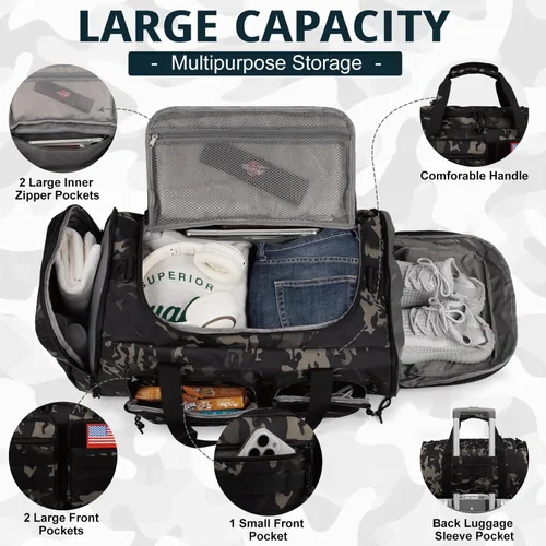 Miniatura 3 de Bolsa táctica de gimnasio para hombres, 50L grande 3 en 1 bolsa deportiva con compartimento para zapatos para viajes, mochila de viaje resistente al