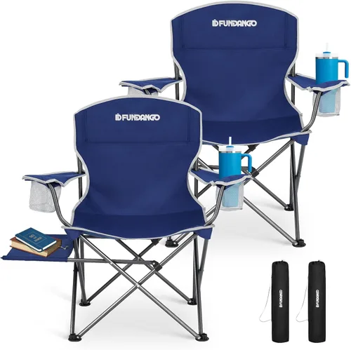 FUNDANGO Sillas de camping plegables para adultos, paquete de 2 sillas de playa extra anchas de 23.6 pulgadas con bandeja de mesa, silla de césped