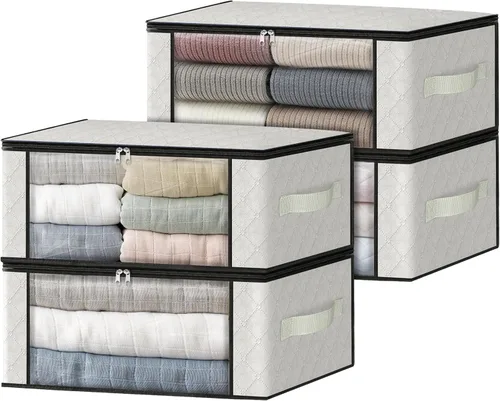 Miniatura 13 de HomeHacks Paquete de 3 bolsas organizadoras de ropa, caja de almacenamiento plegable con gran ventana transparente y asas resistentes para armario
