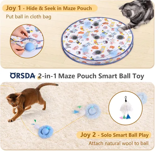 Miniatura 2 de ORSDA Pelota interactiva de juguetes para gatos, bola automática de rodadura rápida en bolsa, escondite para gatos de interior, juguete móvil